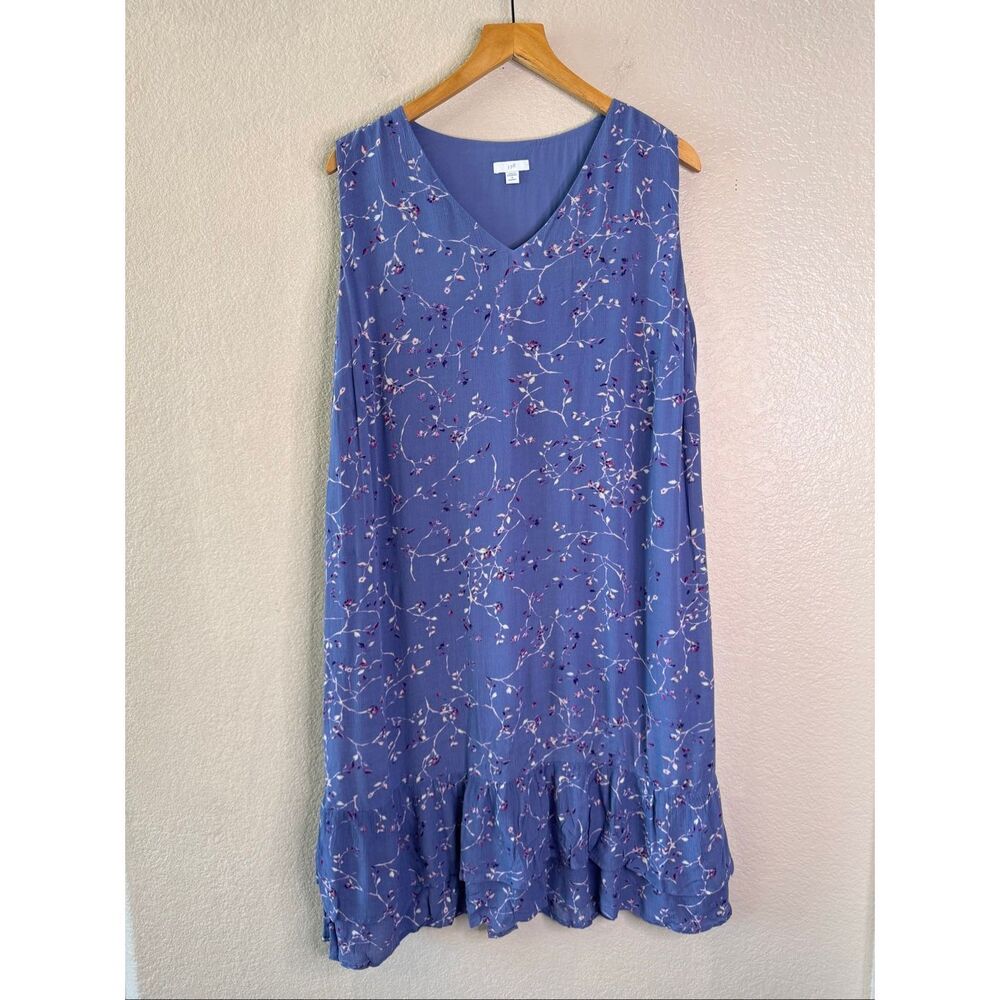 J Jill Sleeveless Knee Length Dress Size 1X Blue Floral Flowy Ruffle Hem Prairie